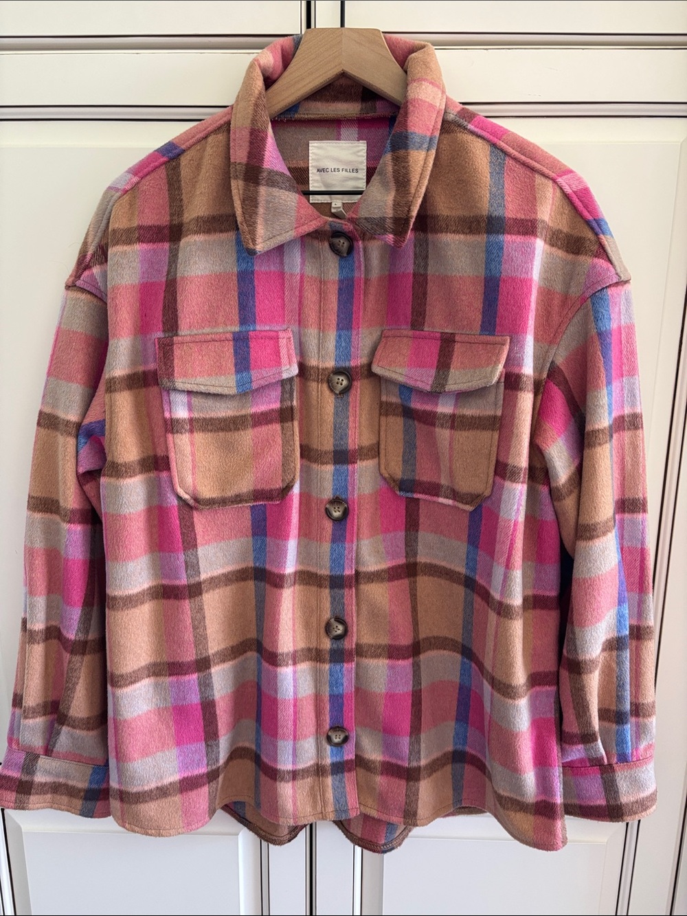 Anthropologie Avec Les Filles Pink Plaid Cozy Flannel Shirt Shacket Women Large